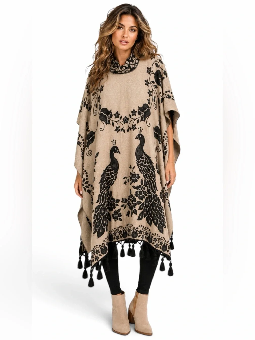 Unbranded – Poncho Cape – Peacock Floral Tassel Fringe Cowl Neck – Black Taupe –